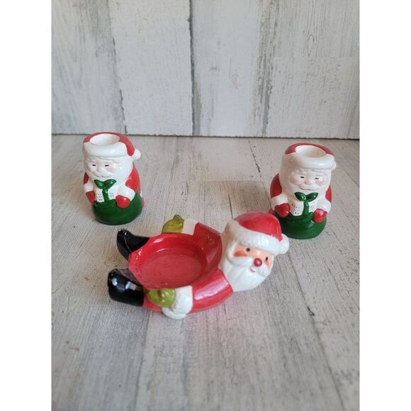 Ceramic Santa Claus Candlestick tea light holder set Xmas home decor - Picture 1 of 9